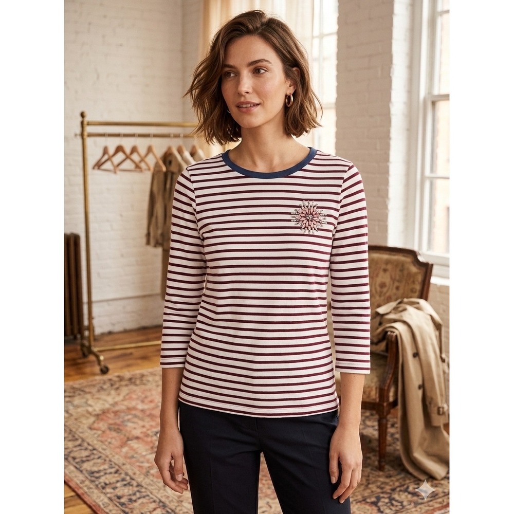 Preppy Chic Nautical Burgundy Ivory Striped Embellished Floral Jewel Tee Shirt
